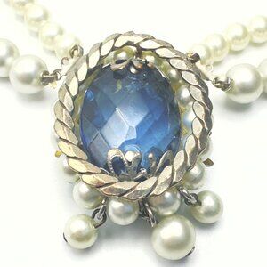 1950s Double Strand Pearl Necklace  w/Blue Enamel  & Rhinestone Floral Pendant